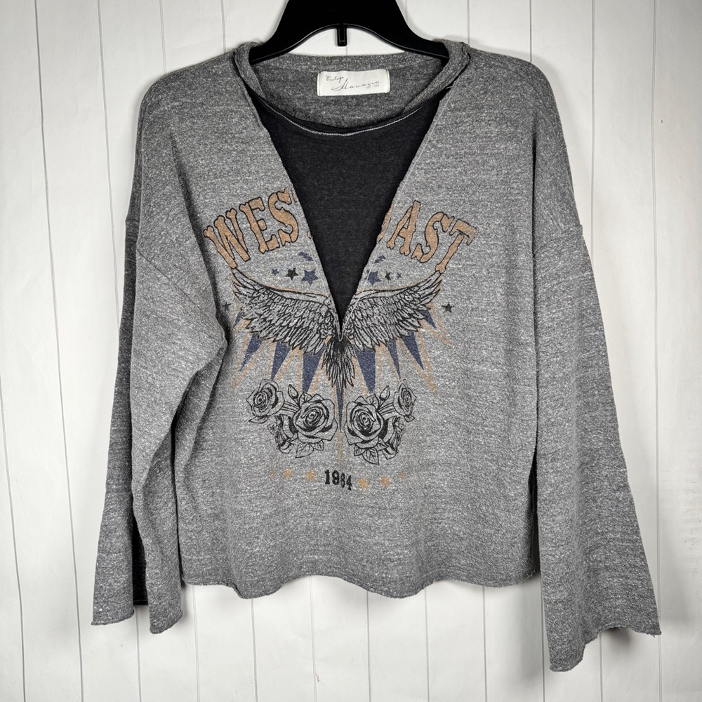 Vintage Havana Gray Boxy Moto Graphic Sweatshirt Mesh V-neck Biker Babe Casual S
